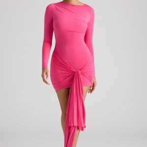 Long Sleeve Draped Mini Dress in Magenta