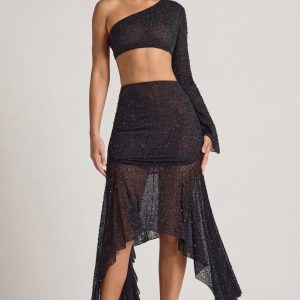Embellished Handkerchief Hem Skirt in Black