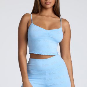 Strappy Ruched Pointelle Crop Top in Baby Blue