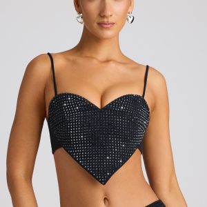 Embellished Statement Heart Shaped Crop Top in Black