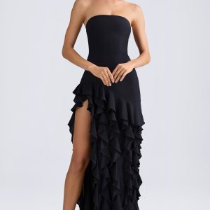 Ruffle-Trim Strapless Gown in Black