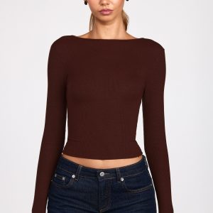 Ribbed Modal Ruched Long-Sleeve Top in Chocolate Brown