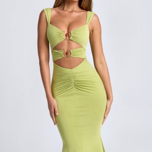 Modal Ruched Hardware Detail Cut-Out Midaxi Dress in Olive Green