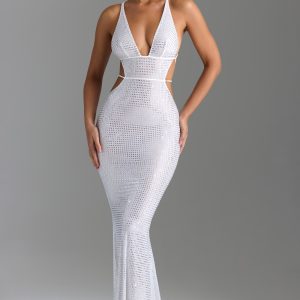 Embellished Cut-Out Backless Maxi Dress in White