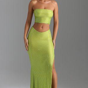 Embellished V-Waist Thigh-Split Maxi Skirt in Pear Green