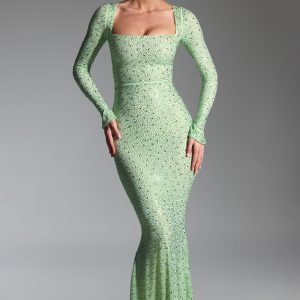 Embellished Long-Sleeve Fishtail Maxi Dress in Pistachio