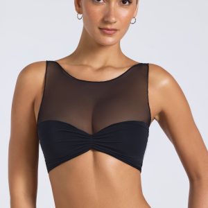 Sheer Panelled Ruched Crop Top in Black