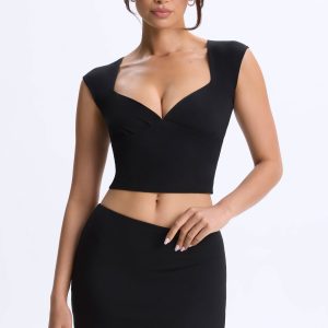Modal Ruched Cap-Sleeve Top in Black