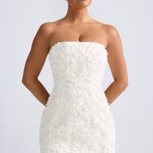 Floral-Appliqu?? Bandeau A-Line Mini Dress in White
