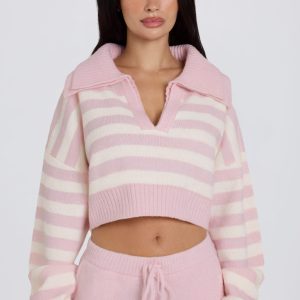 Soft Knit Layered Collar Cropped Jumper in Pink Stripe