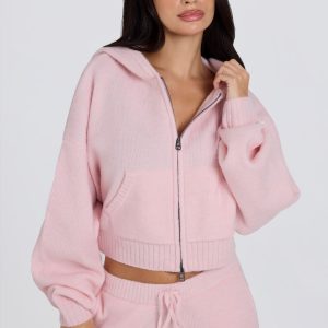 Soft Knit Zip-Up Cropped Hoodie in Soft Pink