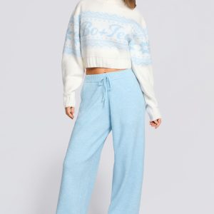 Knit Mid-Rise Wide-Leg Joggers in Powder Blue