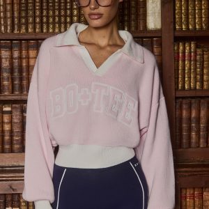 Cotton Jersey Oversized V-Neck Jumper in Powder Pink