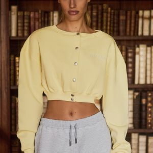 Premium Brushed Jersey Button-Up Cropped Cardigan in Soft Yellow