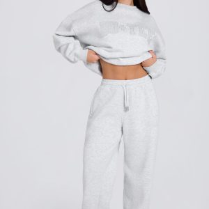 Brushed Cotton Jersey Mid-Rise Relaxed Joggers in Grey Marl