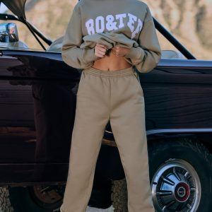 Cotton Fleece Mid-Rise Joggers in Khaki Green