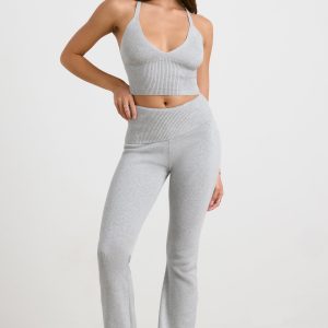 Chunky Knit Foldover Kick Flare Trousers in Grey Marl
