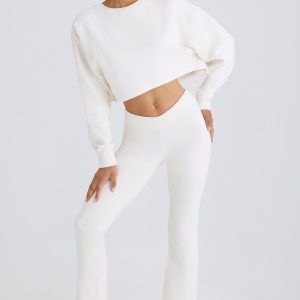 Textured Cotton Jersey Flared Trousers in White