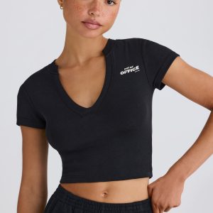 Stretch Cotton Jersey Graphic Print Cropped T-Shirt in Black