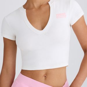 Stretch Cotton Jersey Graphic Print Cropped T-Shirt in White