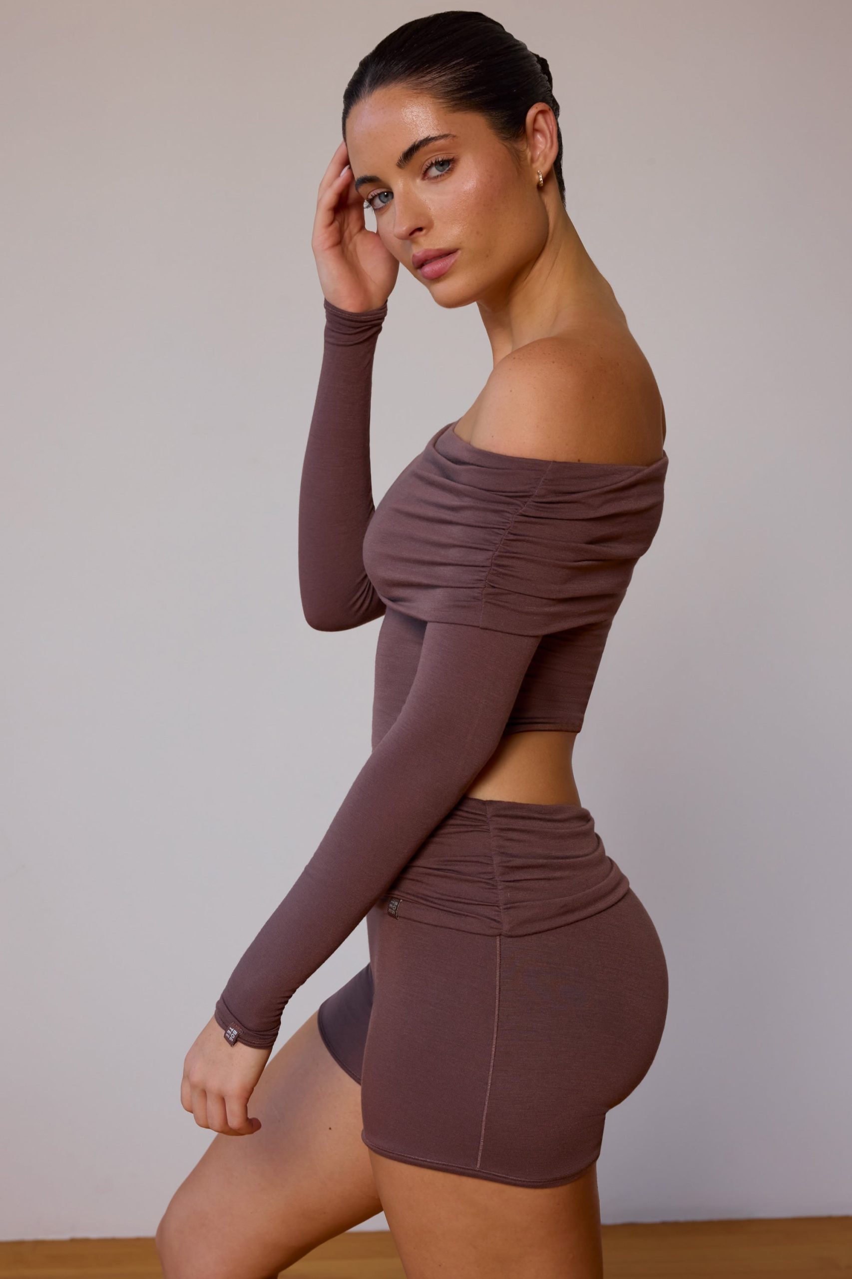 Sheer Off-Shoulder Long-Sleeve Top in Taupe Brown - Image 7