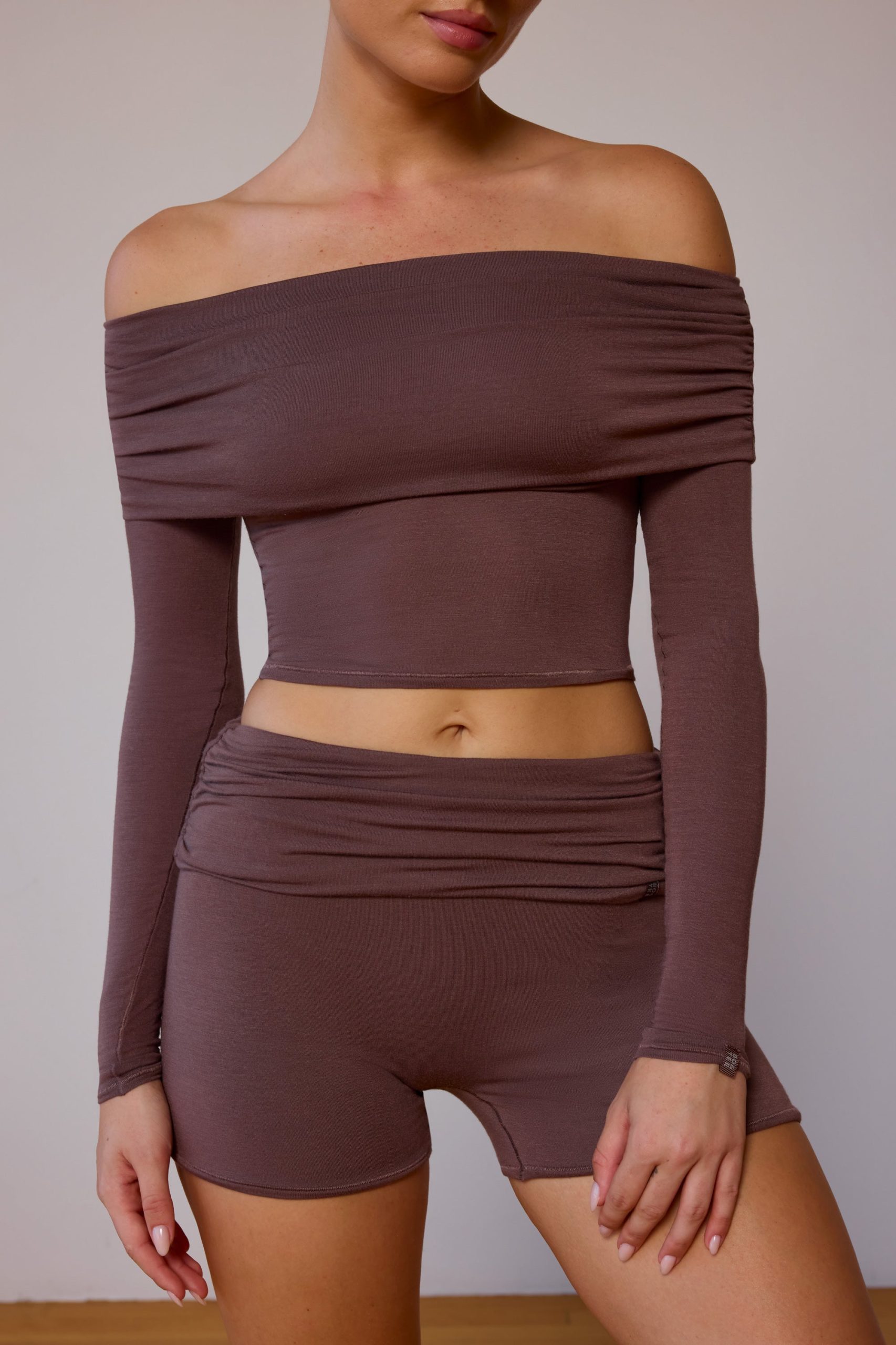 Sheer Off-Shoulder Long-Sleeve Top in Taupe Brown - Image 4