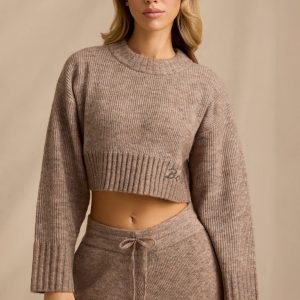 Ribbed Knit Cropped Jumper in Brown Marl