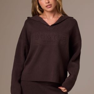 Ribbed Knit Oversized Hoodie in Pecan