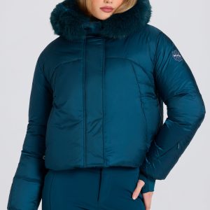 Waterproof Faux-Fur Hood Cropped Ski Jacket in Teal