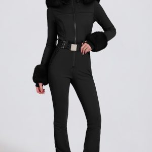 Waterproof Faux-Fur Hood Fitted Ski Suit in Black