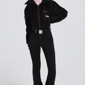 Waterproof Belted Layered Ski Suit in Black Leopard