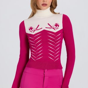 Knit Long-Sleeve Fitted Top in Magenta Pink