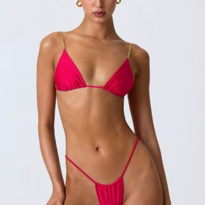 Chain-Embellished Triangle Bikini Top in Raspberry Pink