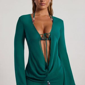 Bead-Embellished Cowl-Neck Sheer Mini Dress in Jade Green