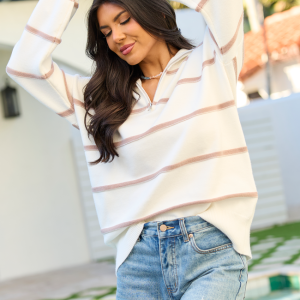 Sunday Stripe Club White And Taupe Quarter Zip