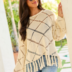 Fawna Taupe Fringe Crewneck Sweater