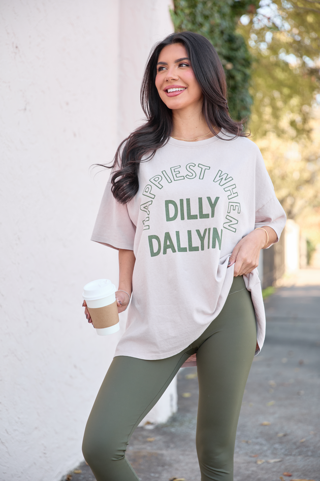 Happiest When Dilly Dallying Taupe Oversized Graphic Tee - Image 3