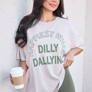 Happiest When Dilly Dallying Taupe Oversized Graphic Tee