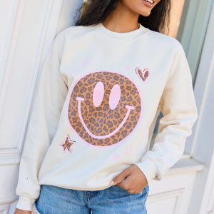 Leopard Smiley Face Cream Graphic Sweatshirt
