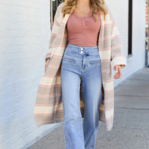 Breleigh Taupe and Pink Striped Long Cardigan