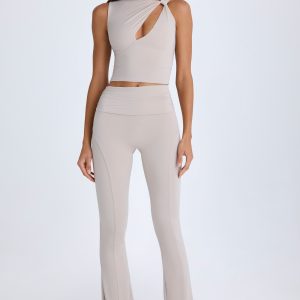 Petite Foldover Flared Trousers in Taupe