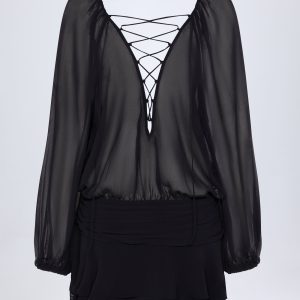 Lace-Up Balloon-Sleeve Mini Dress in Black
