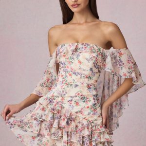 Off-Shoulder Ruffled Mini Dress in Primrose Floral Print