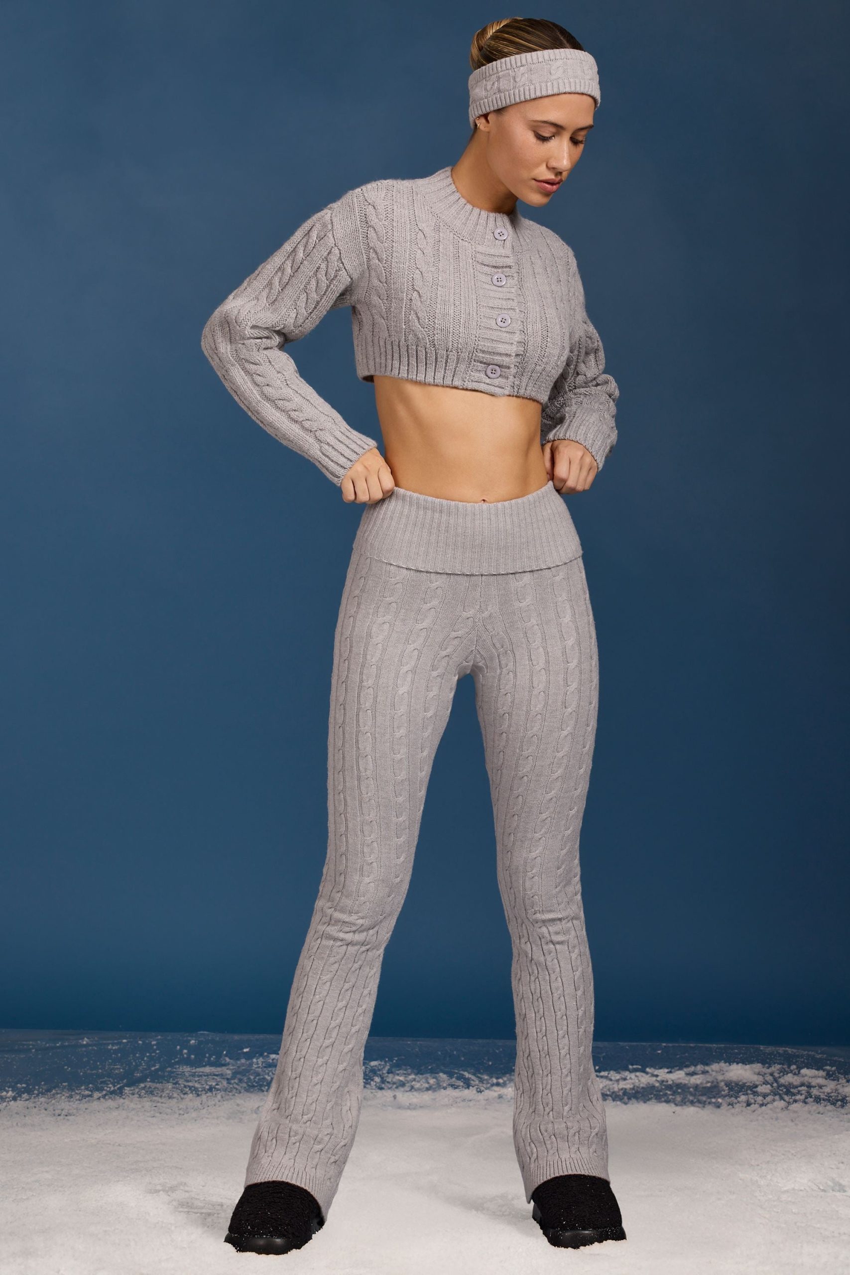 Cable Knit Foldover Flared Trousers in Grey Marl - Image 5