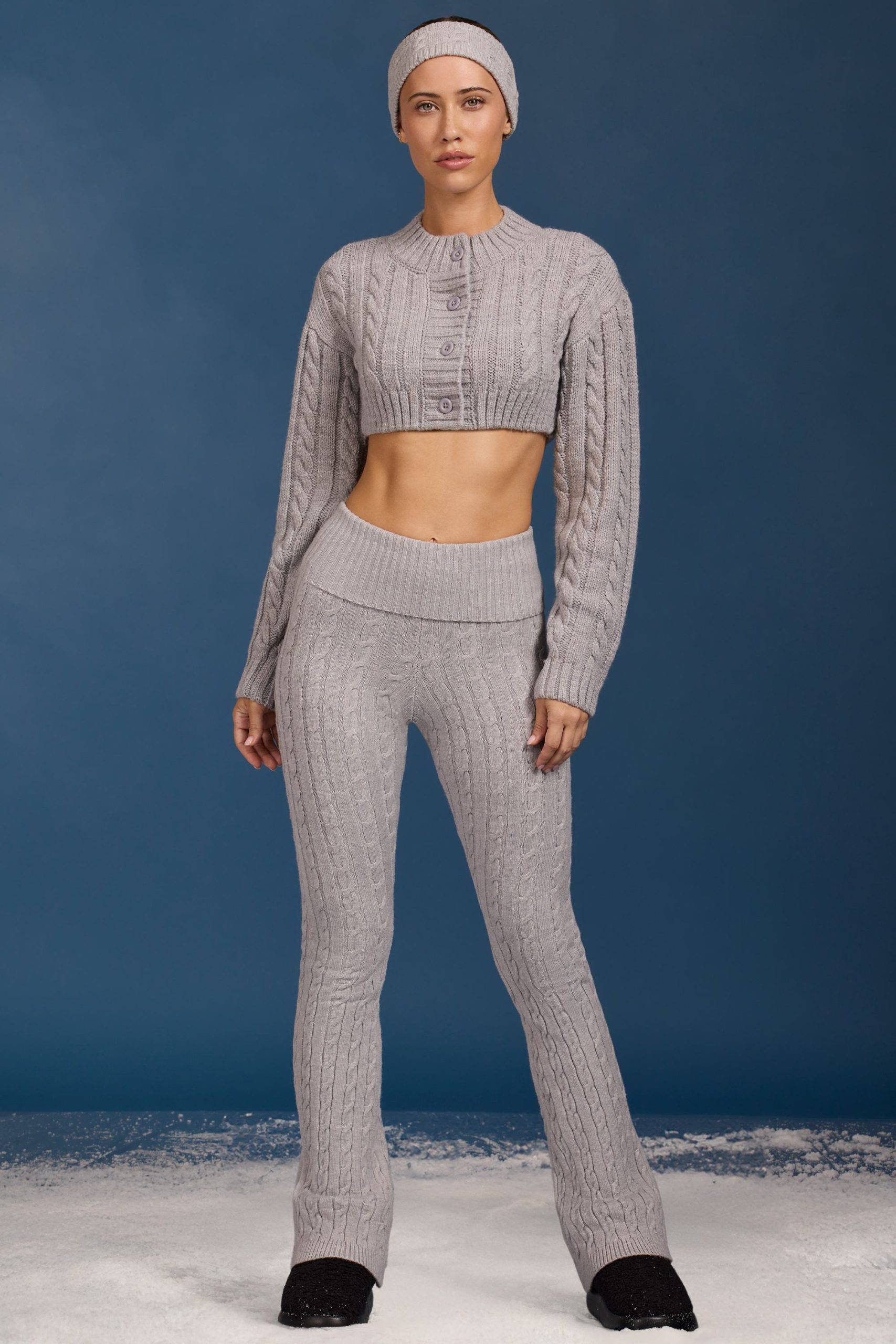 Cable Knit Foldover Flared Trousers in Grey Marl - Image 6