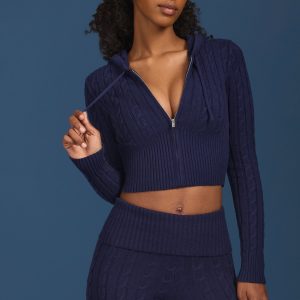 Cable Knit Zip-Up Hoodie in Navy