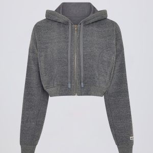 Terry Cotton Zip-Up Cropped Hoodie in Dark Grey
