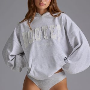Cotton Fleece Appliqu?? Oversized Hoodie in Grey Marl
