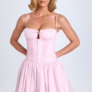 Pintucked Shirred Mini Dress in Blush