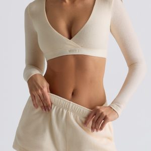Brushed Jersey V-Neck Crop Top in Ecru